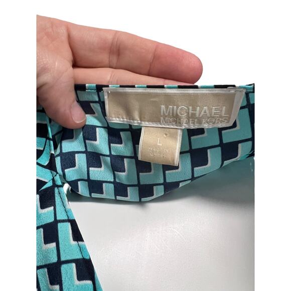 Michael Kors Navy & Aqua Geometric Print Dress, Size Large Elastic Tie Waist EUC - Picture 9 of 9
